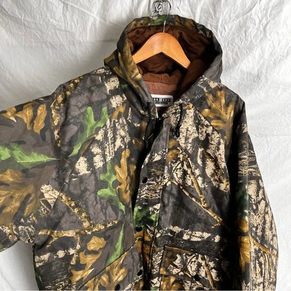 Vintage Jerzees Outdoors Jacket Men L Big Wood Camo Hooded Bomber Quilt Lined